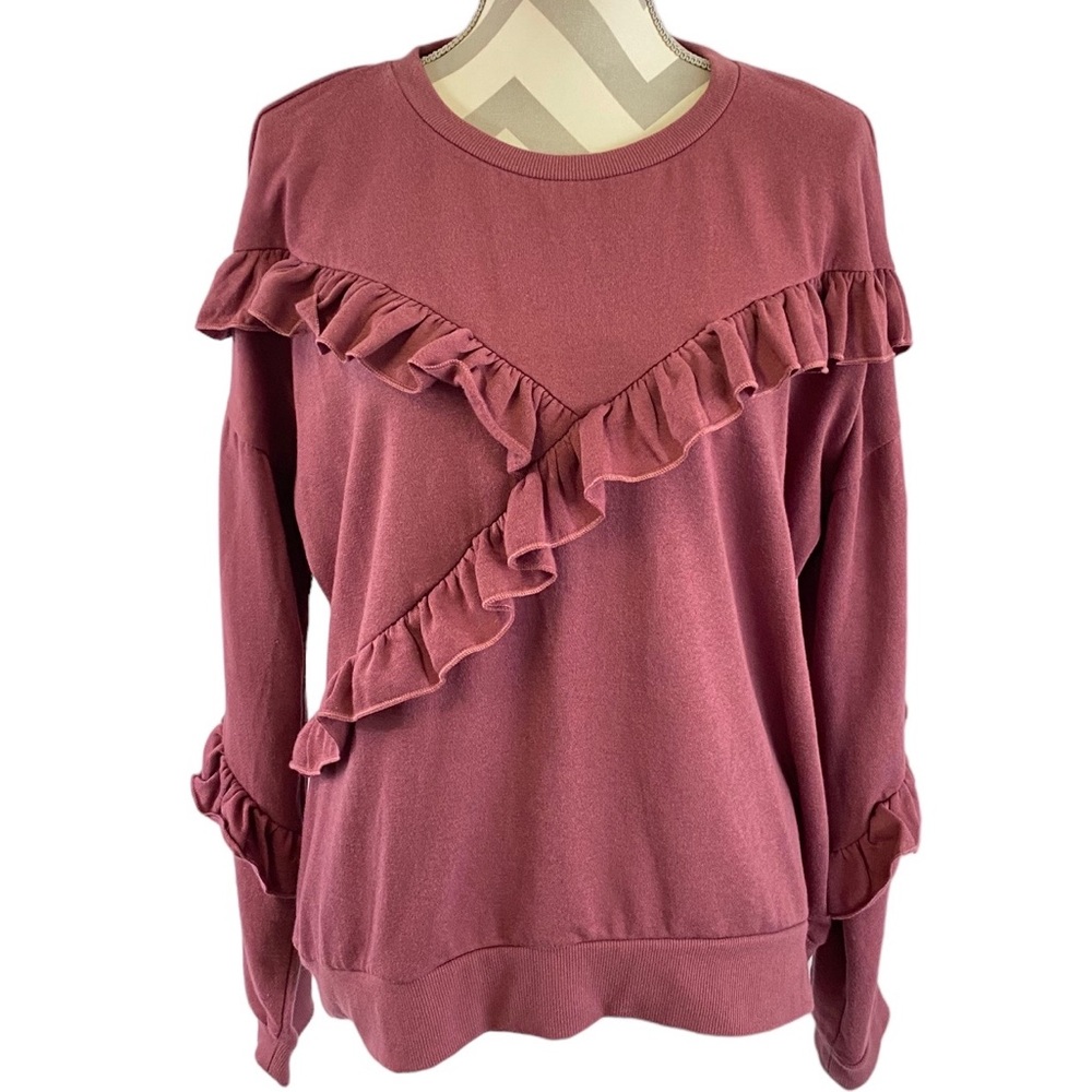 Arizona Jeans womans crew neck sweater with ruffles in Mulberry XL